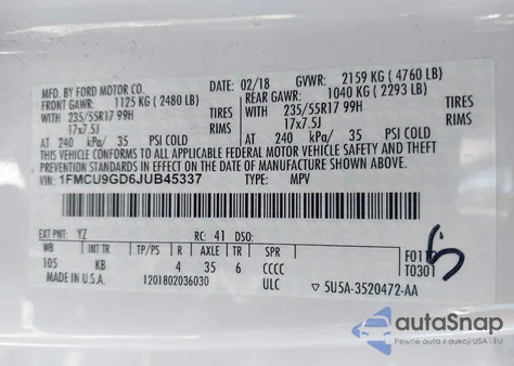 2018 Ford Escape Se из США, поврежденный, VIN 1FMCU9GD6JUB45337